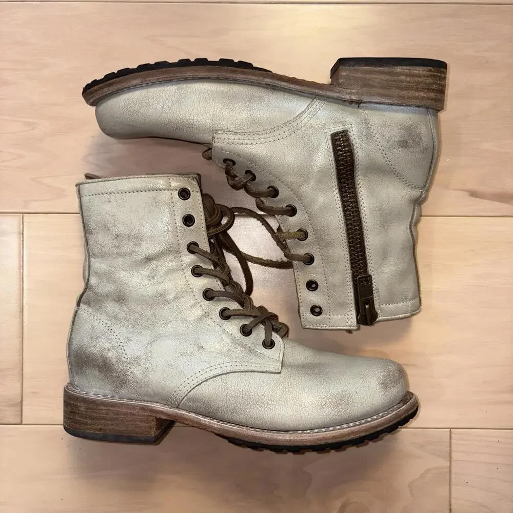 Freebird by Steven Womens Manchester Leather Combat Boots Taupe Distressed 8 - Picture 2 of 8